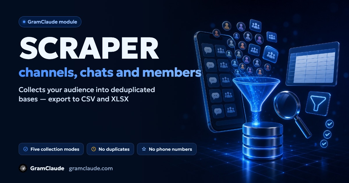 Telegram scraper: channels, chats and members into your base
